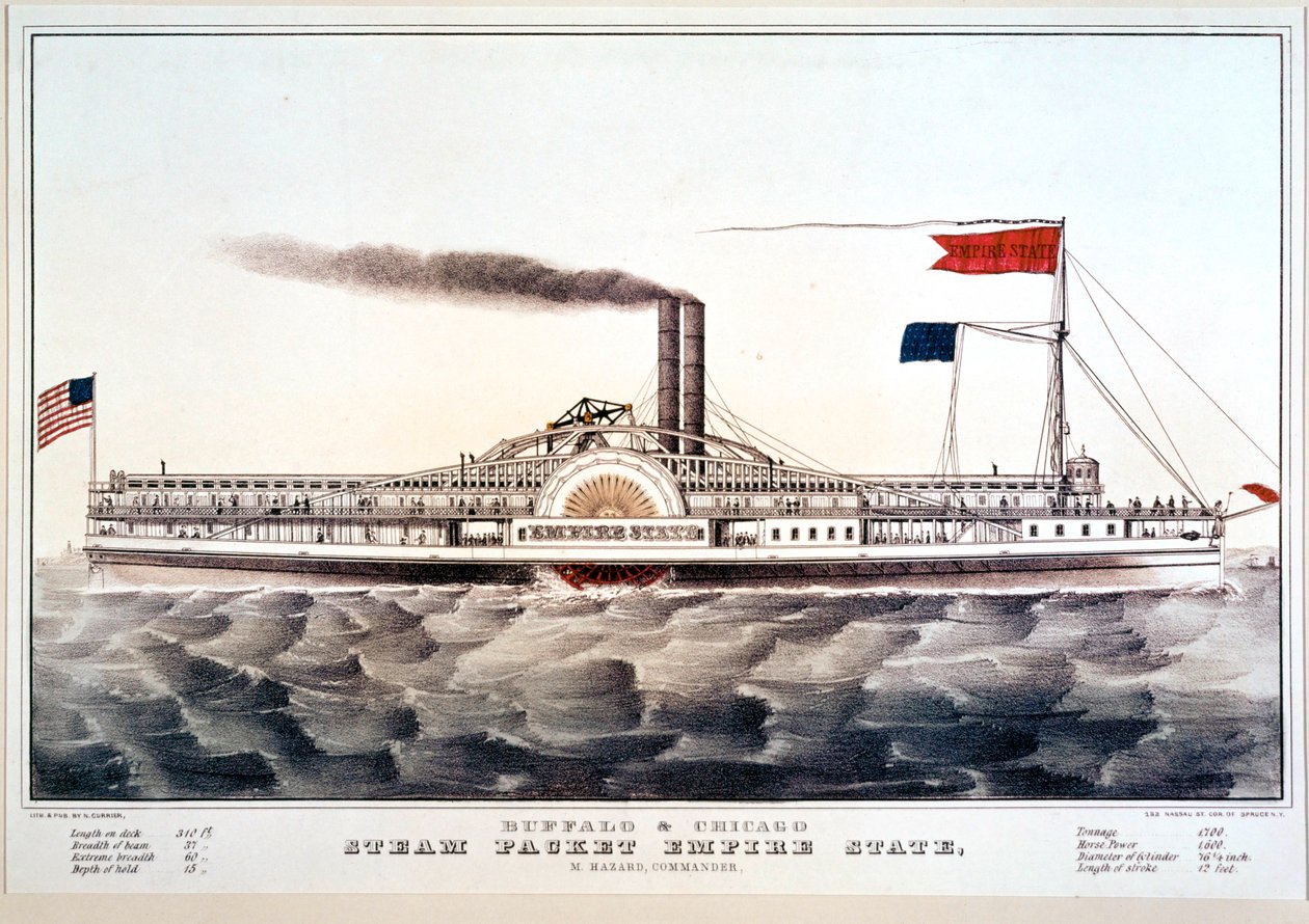 Barco a vapor Empire State, que faz a ligação entre Buffalo e Chicago ... (impressão a cores) de N. and Ives J.M. (1824-95) Currier