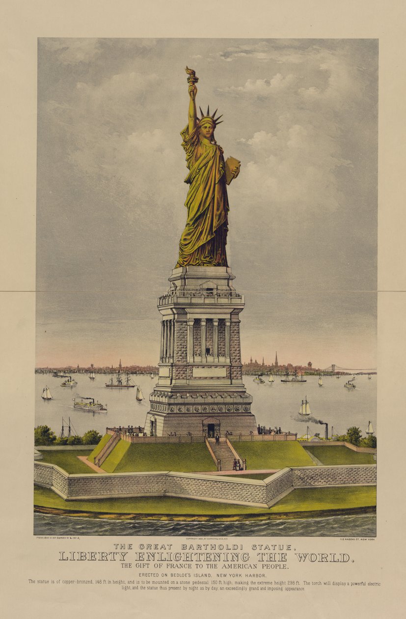 A Grande Estátua de Bartholdi, A Liberdade Iluminando o Mundo, O Presente da França ao Povo Americano, c.1885 (cromolitografia) de Currier and Ives