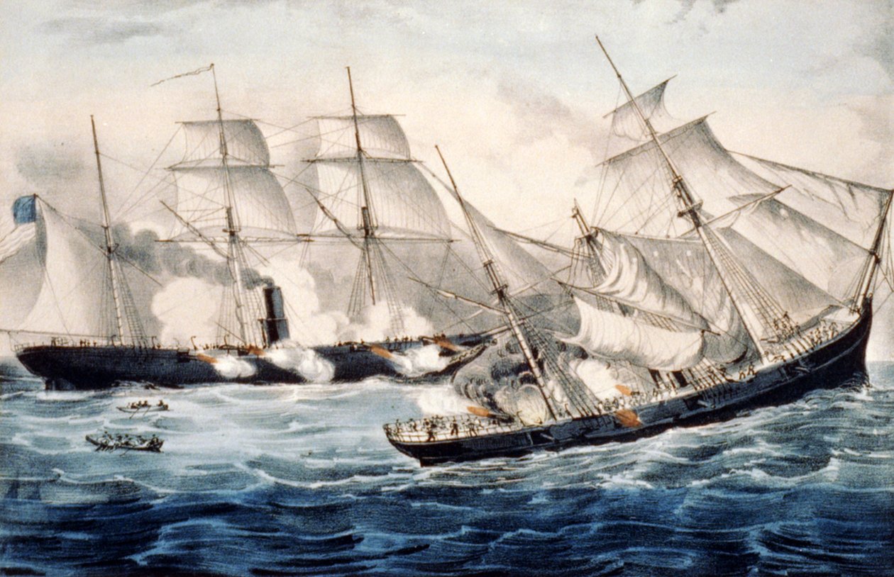 Inclinação de guerra dos EUA ao largo de Cherbourg, França, domingo 19 de Junho. 1864. Ilustração por Currier & Ives. c1864. de N. Currier and Ives J.M.