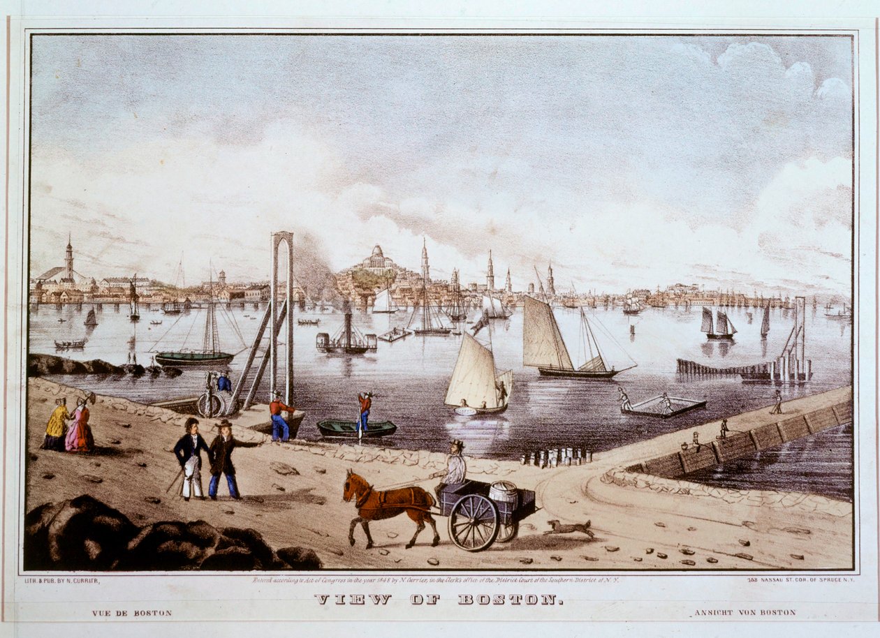 Vista de Boston com o porto de Boston ... (impressão a cores) de N. and Ives J.M. (1824-95) Currier