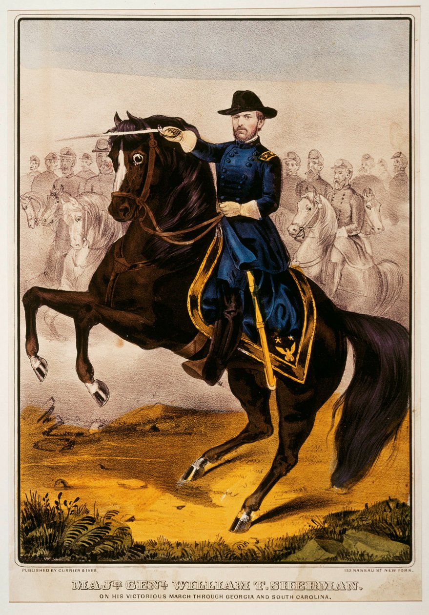 William Tecumseh Sherman, general da União durante a Guerra Civil Americana ... (impressão a cores) de N. and Ives J.M. (1824-95) Currier