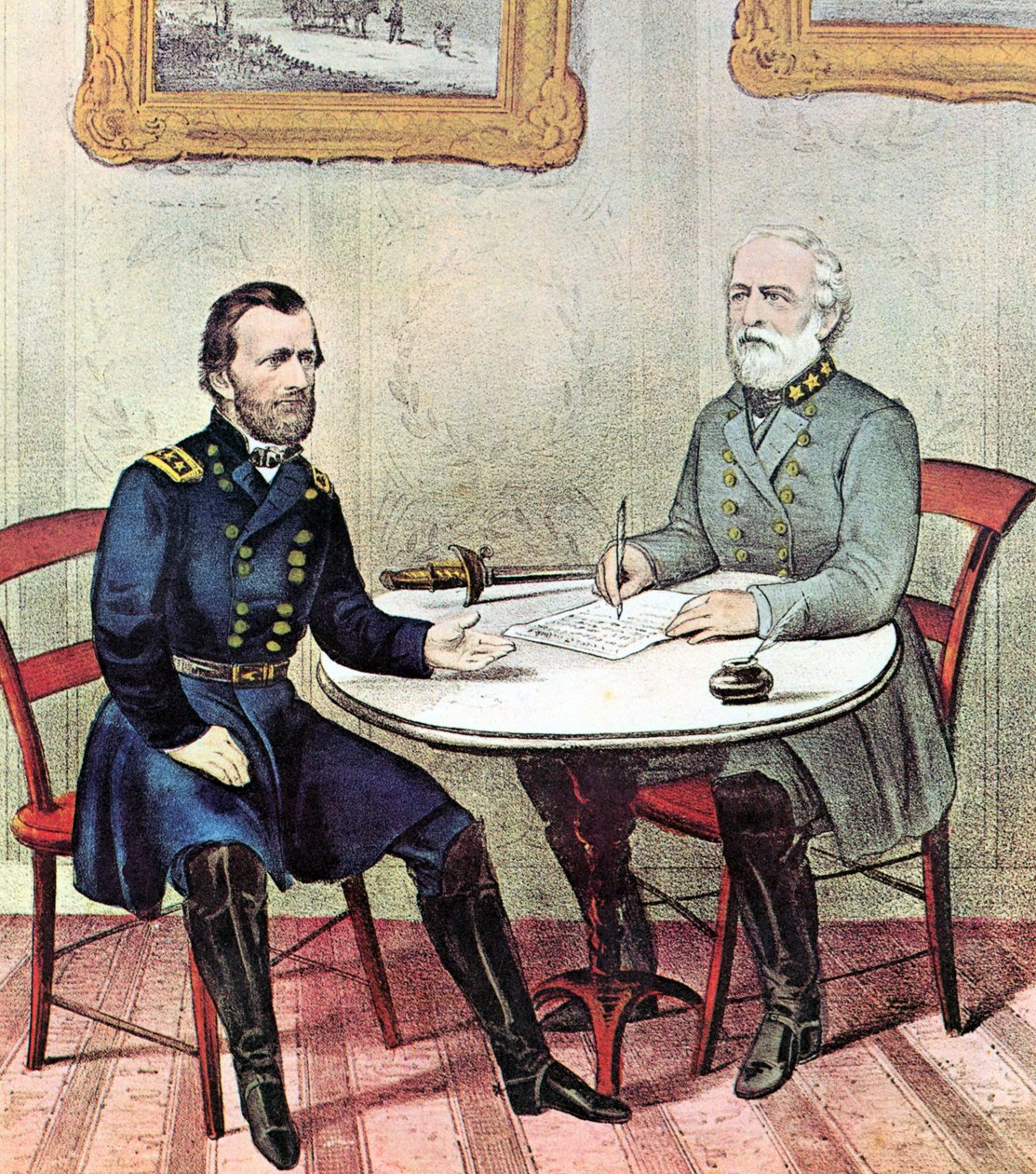 Guerra Civil Americana: encontro entre os generais Grant (à esquerda) e Lee, no Domingo de Ramos de 1865, para definir os termos da rendição do Exército da Virgínia do Norte de Lee de N. and Ives J.M. (1824 95) Currier