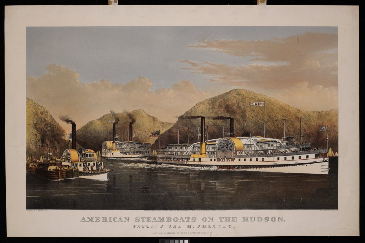 Barcos a vapor americanos no Hudson. Passando pelas Highlands. Drew, St John e Excelsior de N. and Ives J.M. (1824 95) Currier