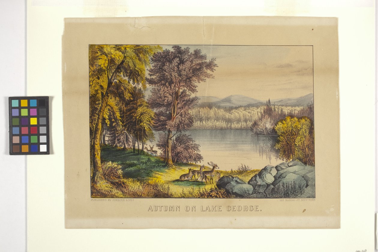 Outono No Lago George (litografia colorida à mão) de N. and Ives J.M. (1824 95) Currier