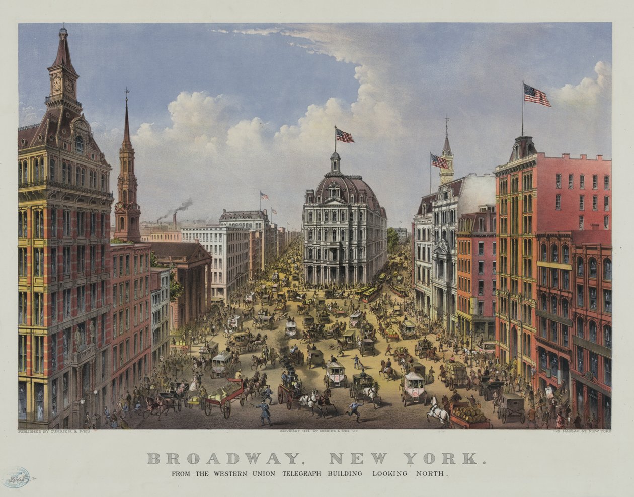 Broadway, Nova Iorque, do edifício do telégrafo Western Union com vista para Norte de Currier and Ives