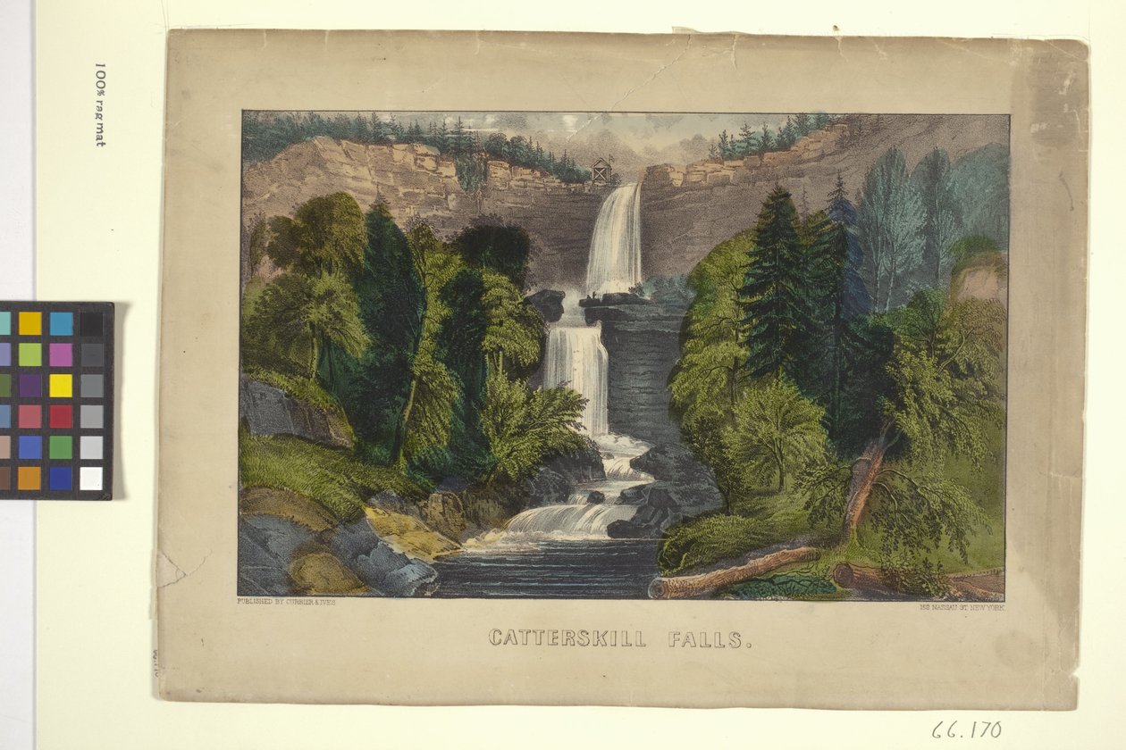 Catterskill Falls (litografia colorida à mão) de N. and Ives J.M. (1824 95) Currier