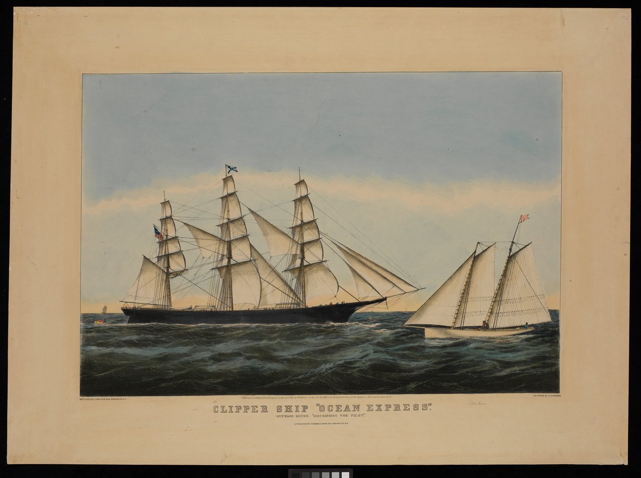 Navio Clipper Ocean Express com destino ao exterior "descarregando o piloto" de N. and Ives J.M. (1824 95) Currier