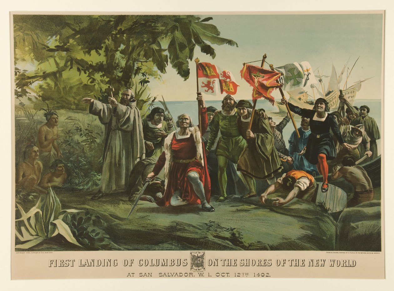 Primeiro desembarque de Colombo na costa do Novo Mundo de Currier and Ives
