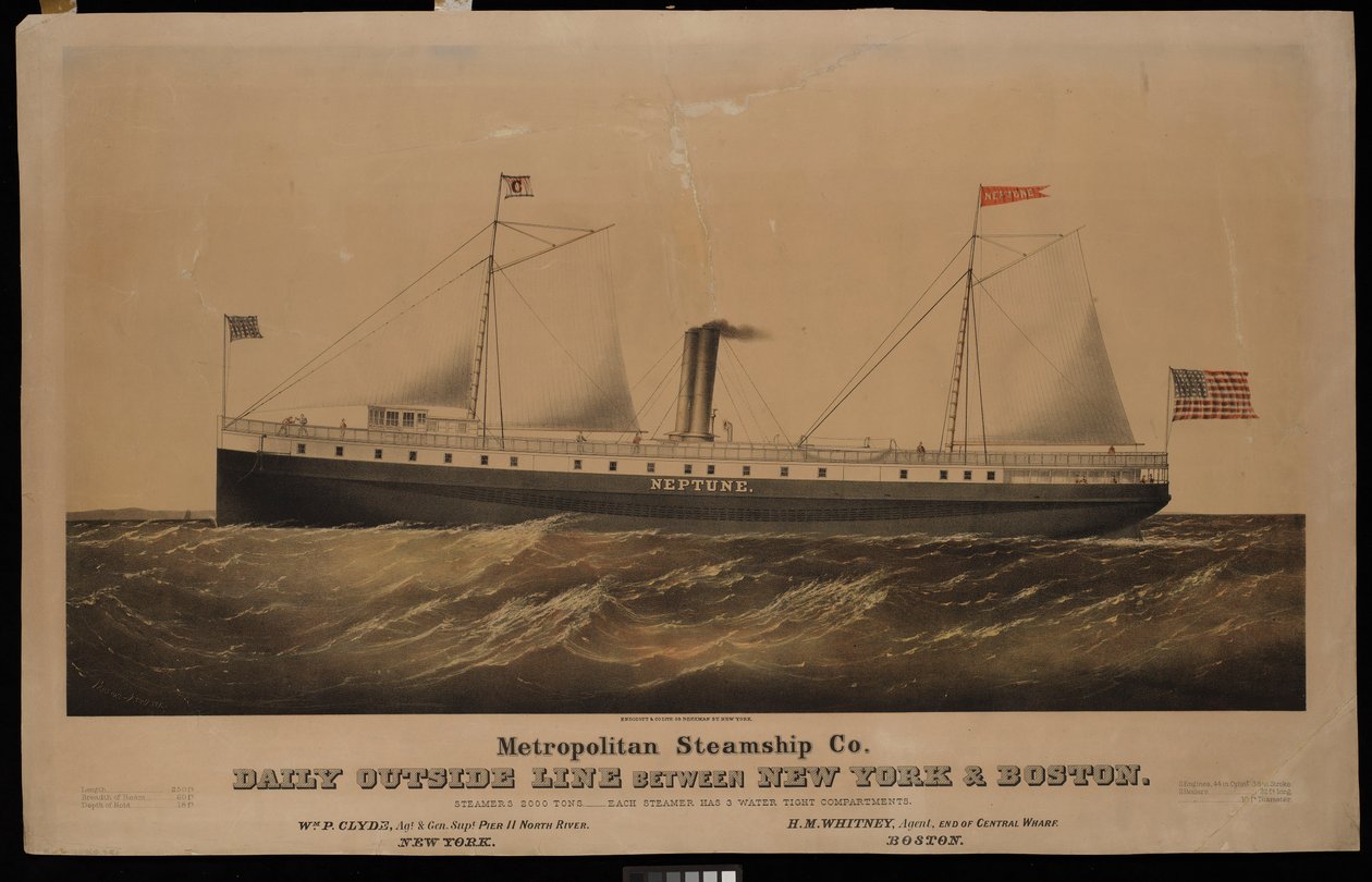 Metropolitan Steamship Co. linha externa diária entre Nova Iorque e Boston... Neptuno (litografia, colorida) de N. and Ives J.M. (1824 95) Currier
