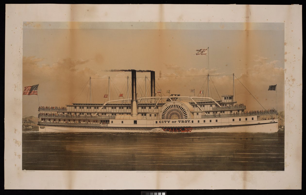 Paddle Steamer City of Troy Citizens Line Troy and Saratoga (litografia, a cores) de N. and Ives J.M. (1824 95) Currier