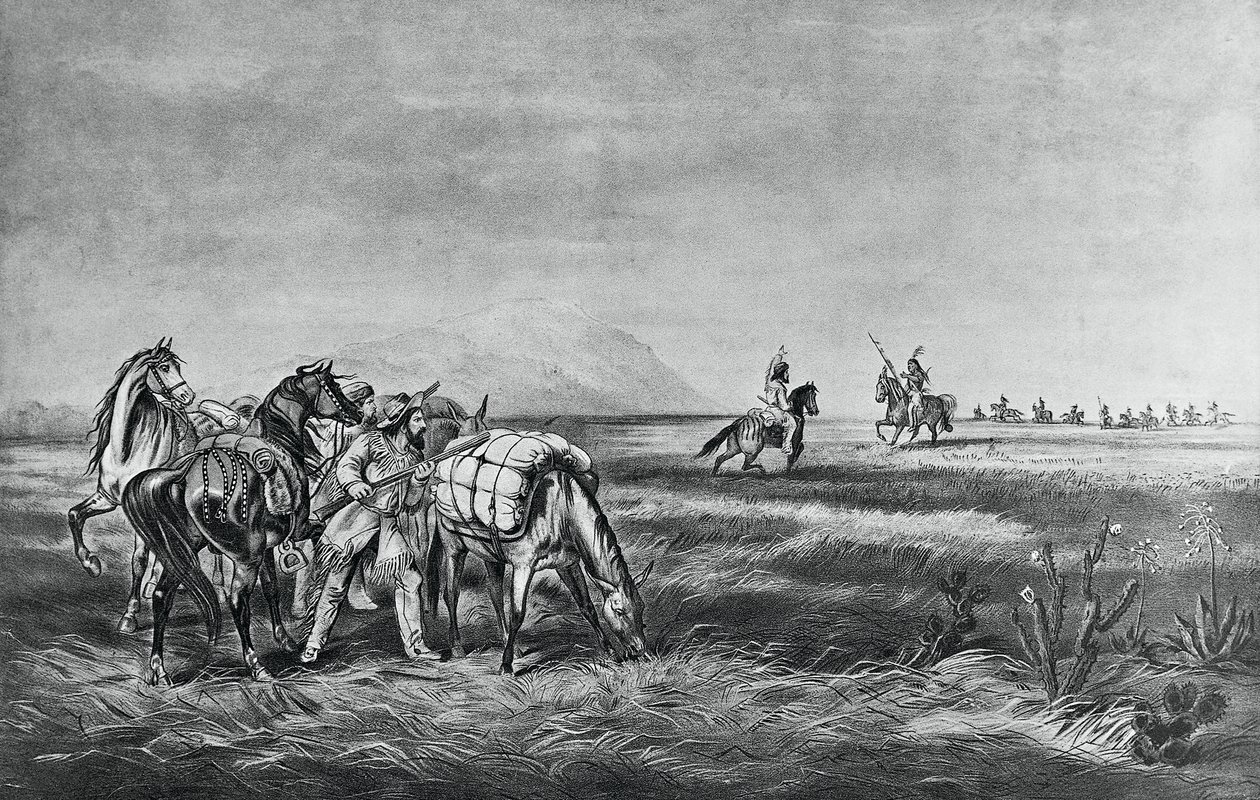 Paz ou guerra, Encontro entre os índios e os caçadores brancos, publicado por Colin Simkin de Currier and Ives