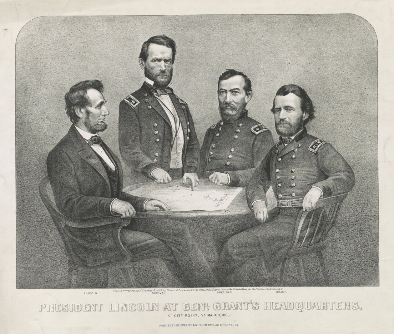 Presidente Lincoln na sede do Genl. Grant, c.1865 (litografia) de Currier and Ives
