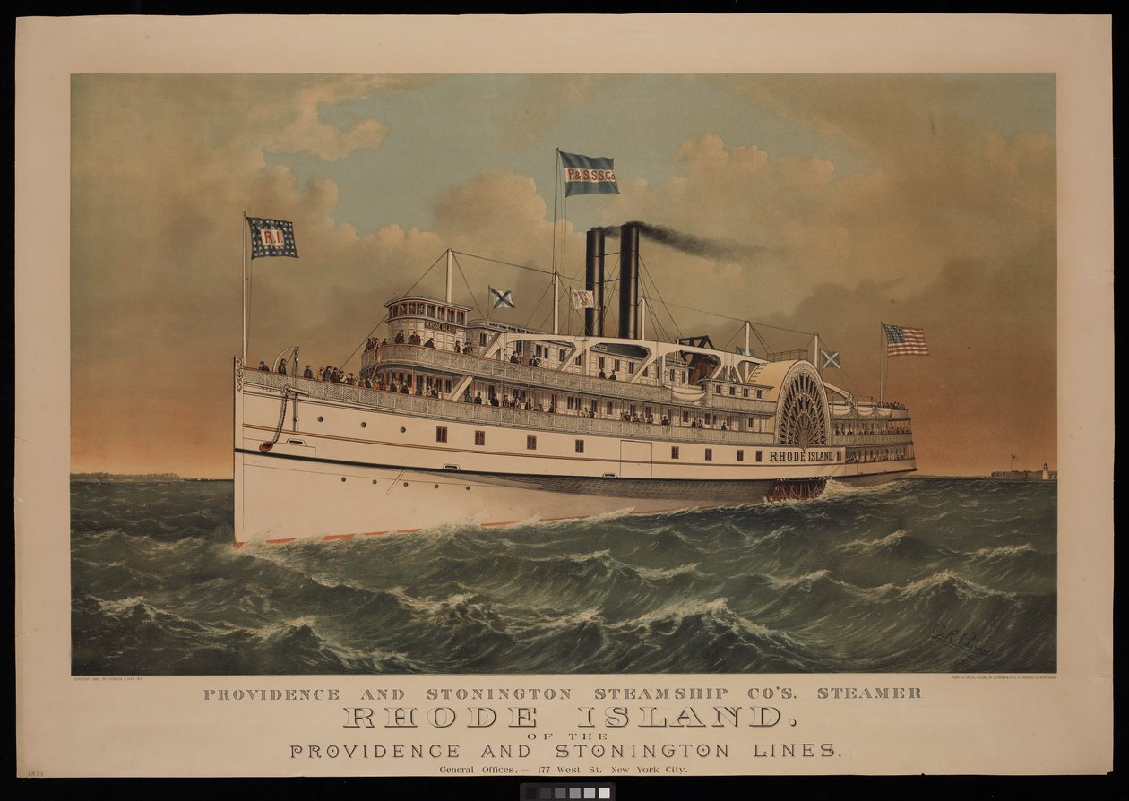Navio a vapor Rhode Island, da Providence and Stonington Steamship Co, da Providence and Stonington Lines de N. and Ives J.M. (1824 95) Currier