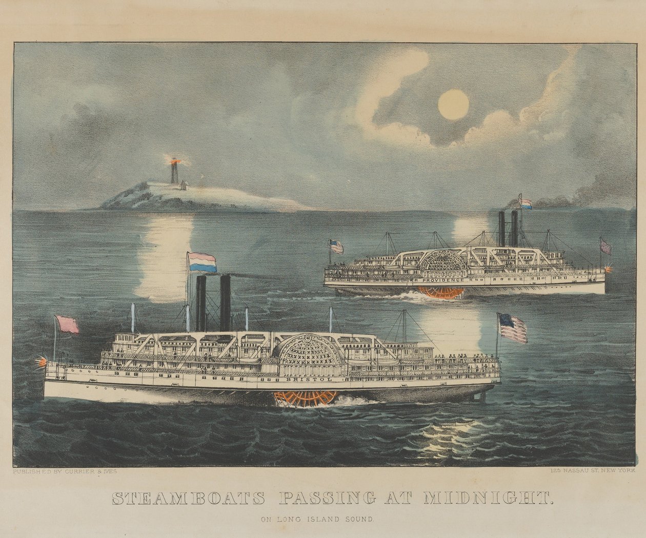 Barcos a vapor que passam à meia-noite em Long Island Sound de Currier and Ives