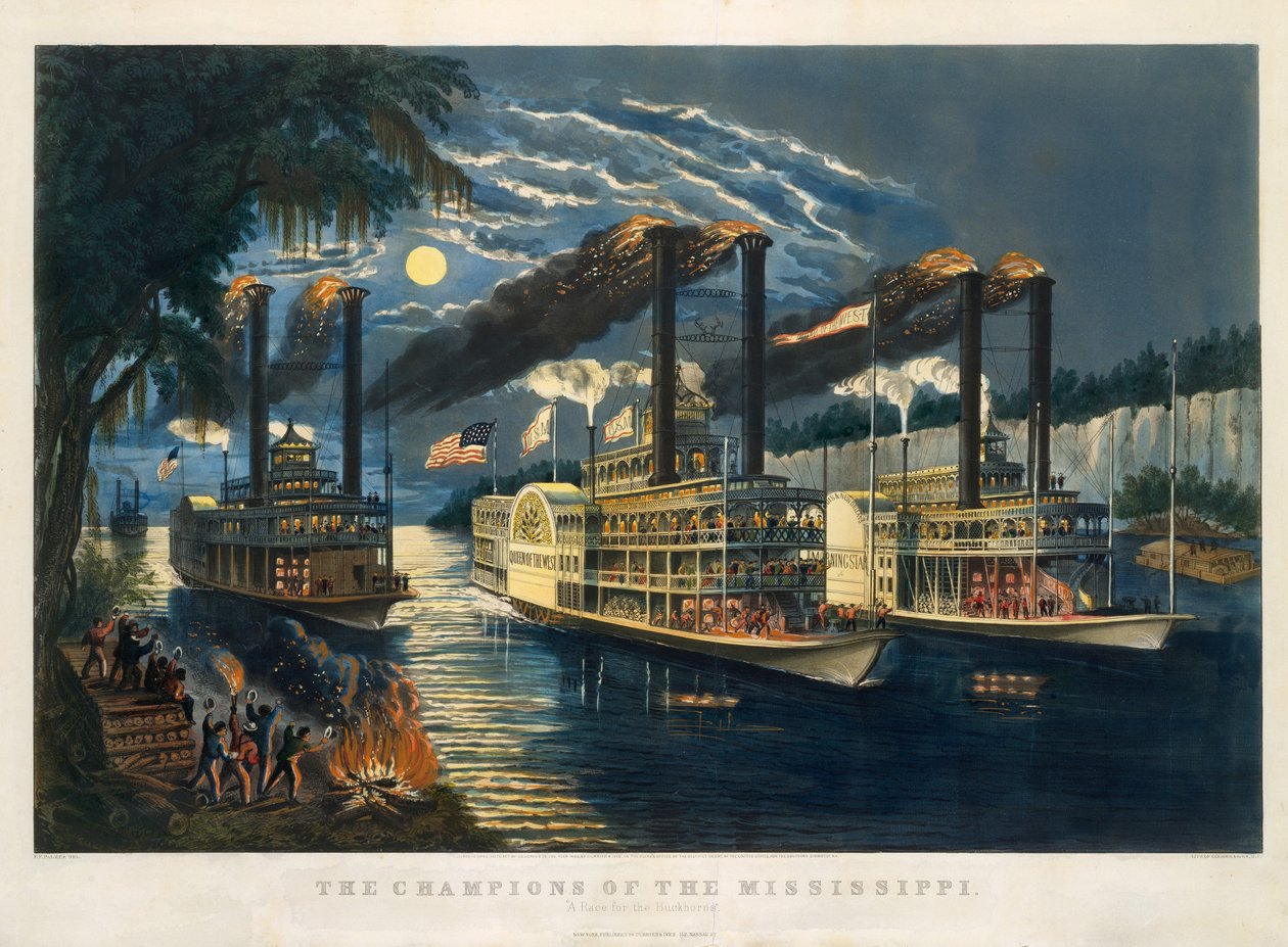 The Champions of the Mississippi - "A Race for the Buckhorns" (Os Campeões do Mississippi - "Uma Corrida para os Buckhorns") de Currier and Ives