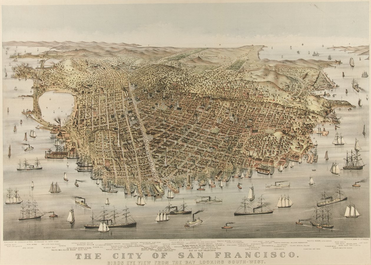 A Cidade de São Francisco - Vista aérea da baía, olhando para sudoeste de Currier and Ives