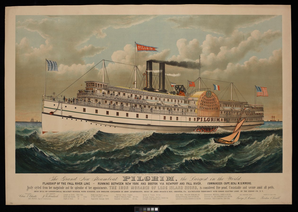 O Grand New Steamboat Pilgrim, o maior do mundo. Navio-chefe da Fall River Line - que faz a ligação entre Nova Iorque e Boston via Newport e Fall River de N. and Ives J.M. (1824 95) Currier
