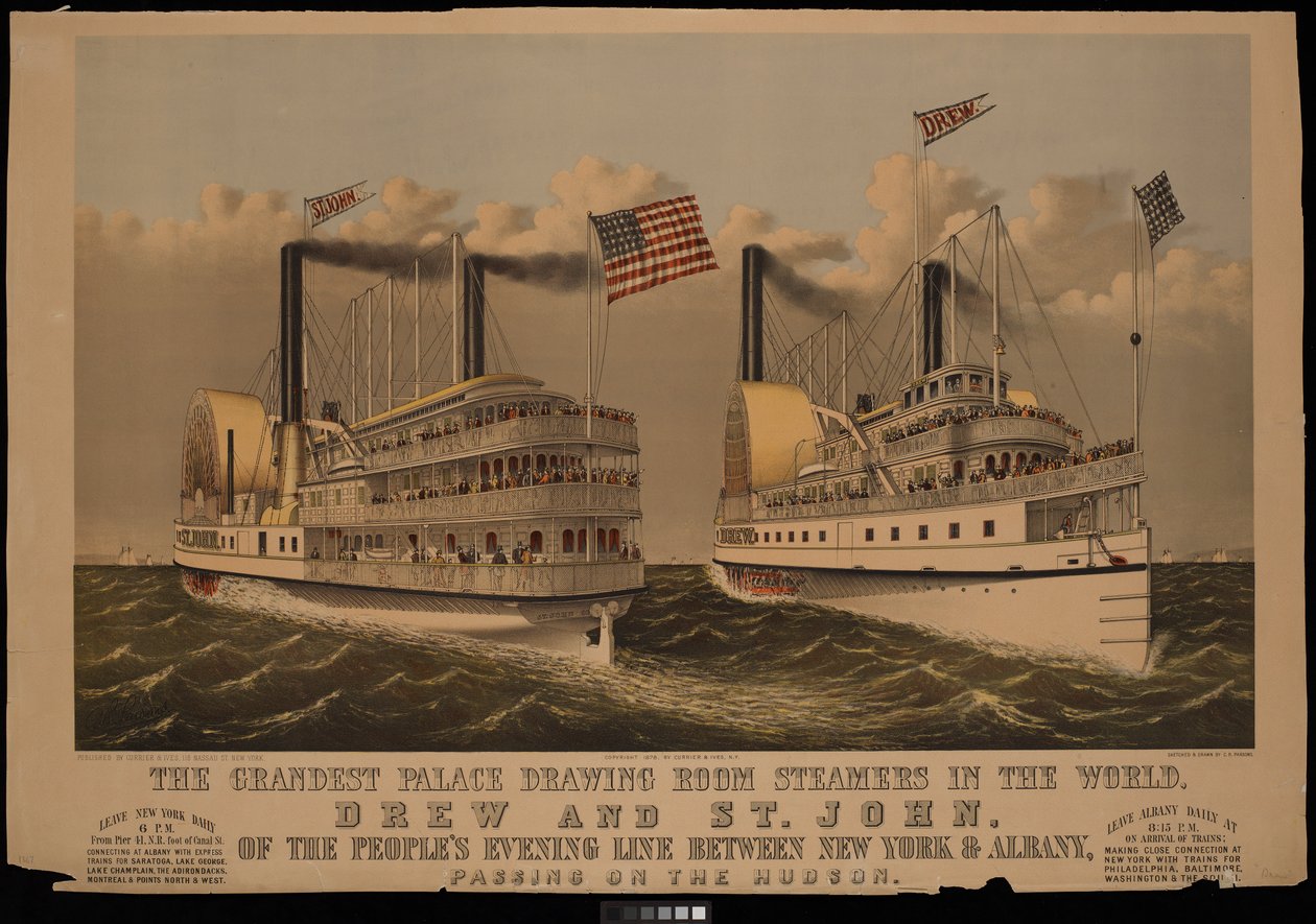 Os mais grandiosos vapores de sala de estar do mundo, Drew e St John da Peoples Evening Line entre Nova Iorque e Albany... de N. and Ives J.M. (1824 95) Currier