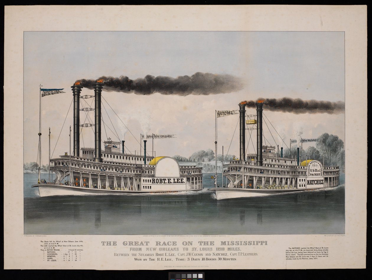 A grande corrida no Mississipi de Nova Orleães a St. Louis, 1210 milhas. Entre os vapores Robt. E. Lee... e Natchez... Vencida por R. E. Lee de N. and Ives J.M. (1824 95) Currier