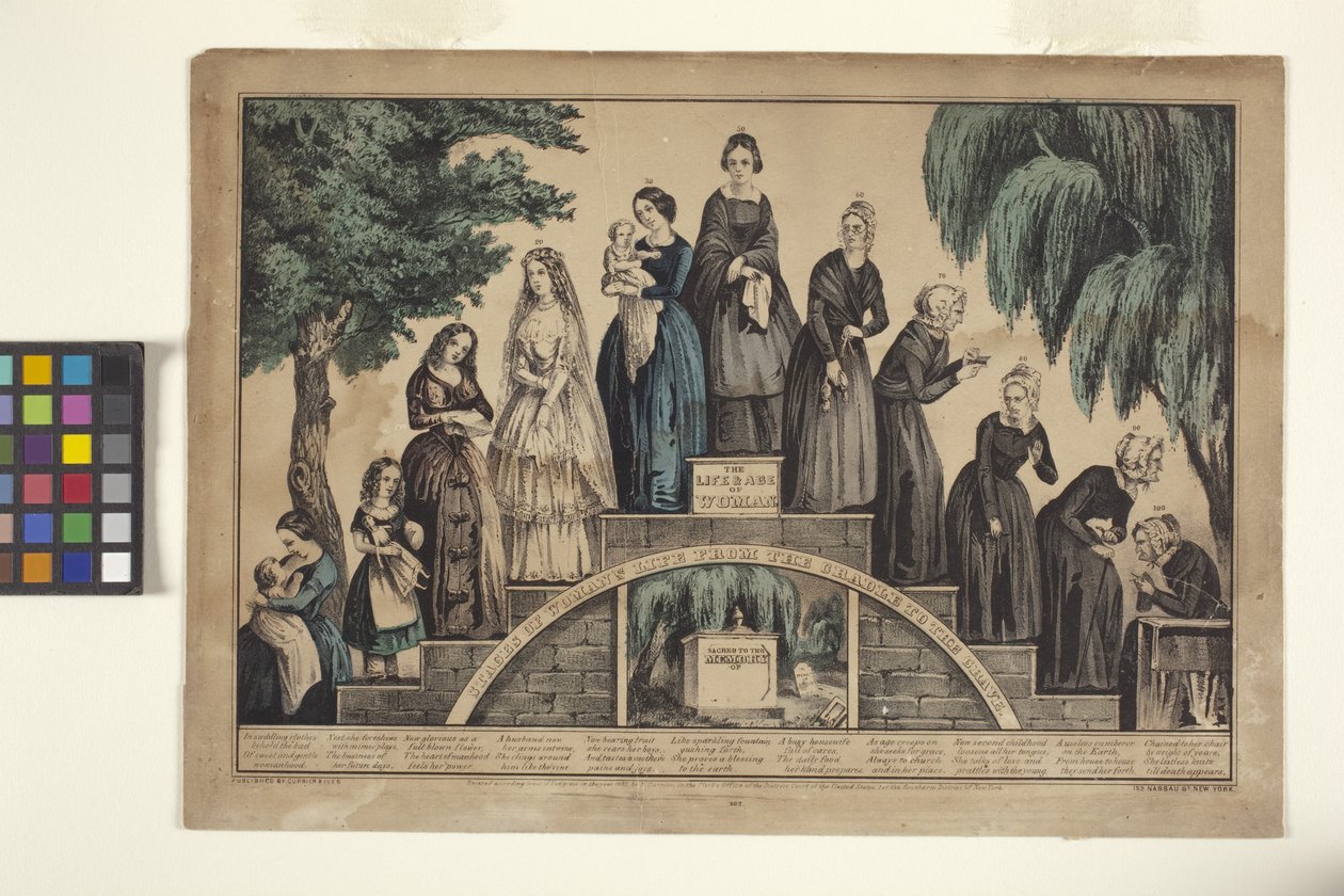 A Vida & Idade da Mulher/Etapas da Vida da Mulher desde o Berço até ao Túmulo (litografia colorida à mão) de N. and Ives J.M. (1824 95) Currier