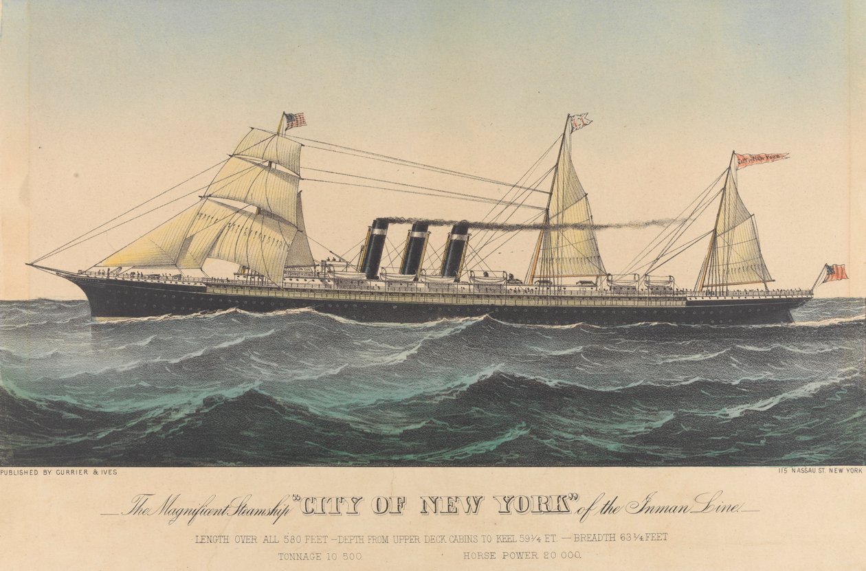O magnífico navio a vapor "City of New York" da Inman Line, finais do século XIX (litografia, a cores) de N. and Ives J.M. (1824 95) Currier
