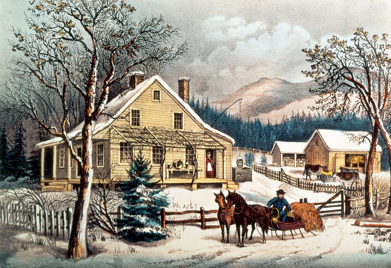 A antiga casa de fazenda, pub. por Currier & Ives de N. Currier and Ives J.M.