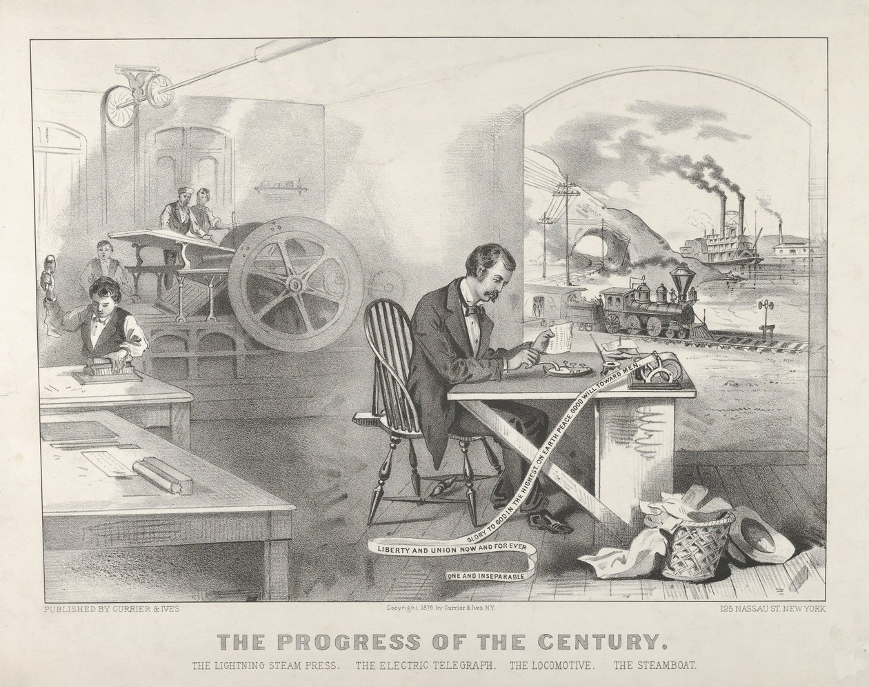 O Progresso do Século: A Prensa de Vapor Relâmpago, O Telégrafo Eléctrico, A Locomotiva, O Barco a Vapor de Currier and Ives
