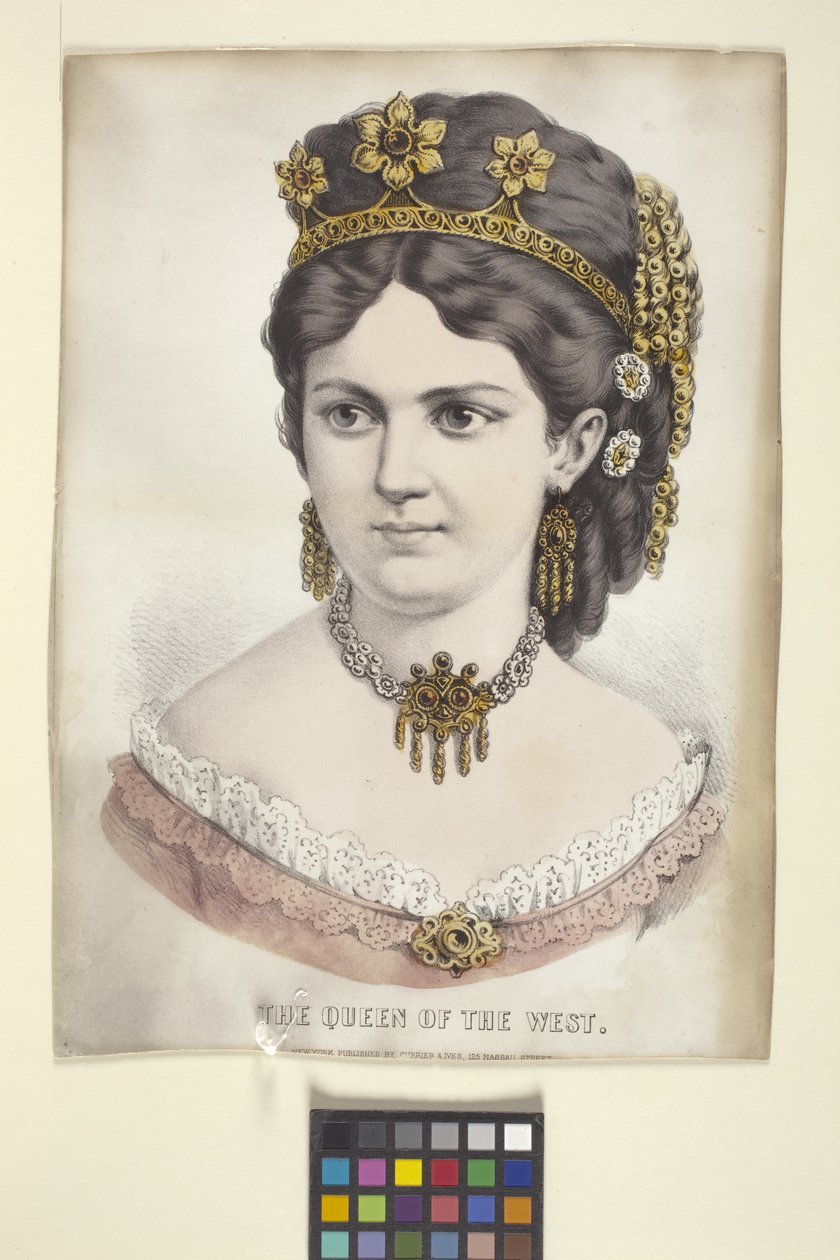 A Rainha do Oeste (litografia colorida à mão) de N. and Ives J.M. (1824 95) Currier