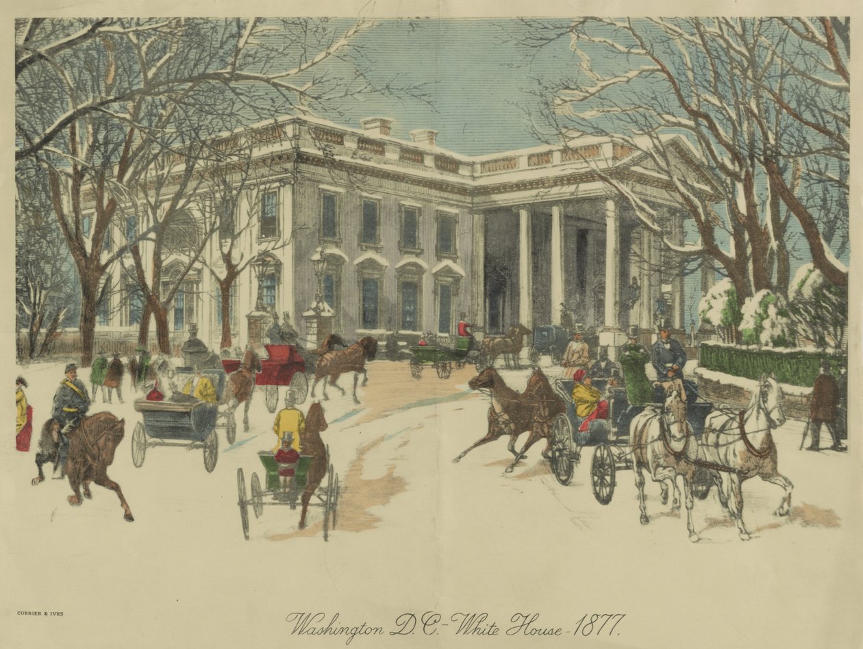 The White House, Washington D.C. 1877 (litografia a cores) de Currier and Ives