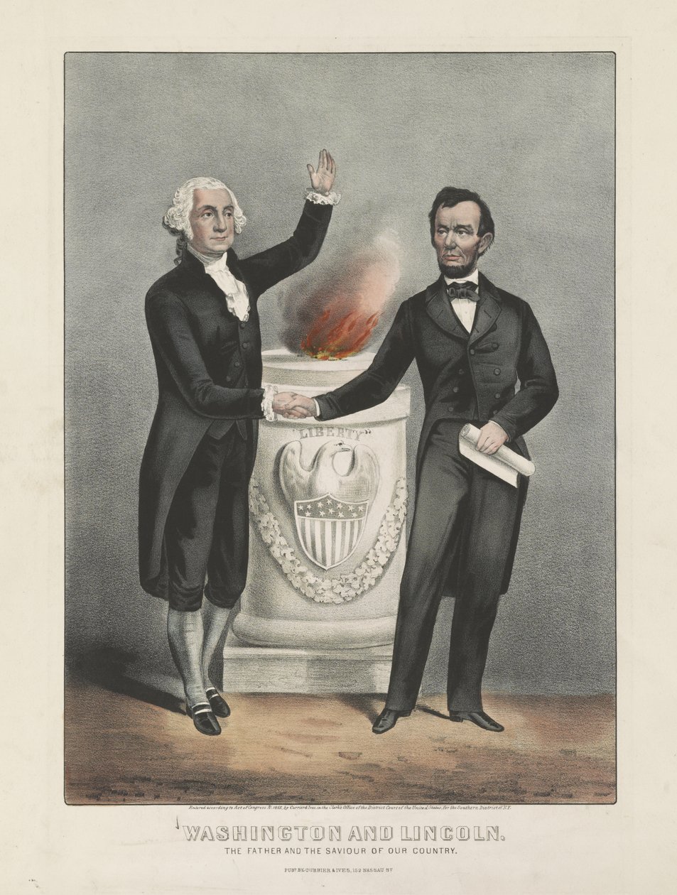 Washington e Lincoln. O pai e o salvador do nosso país, c.1865 (litografia a cores) de Currier and Ives