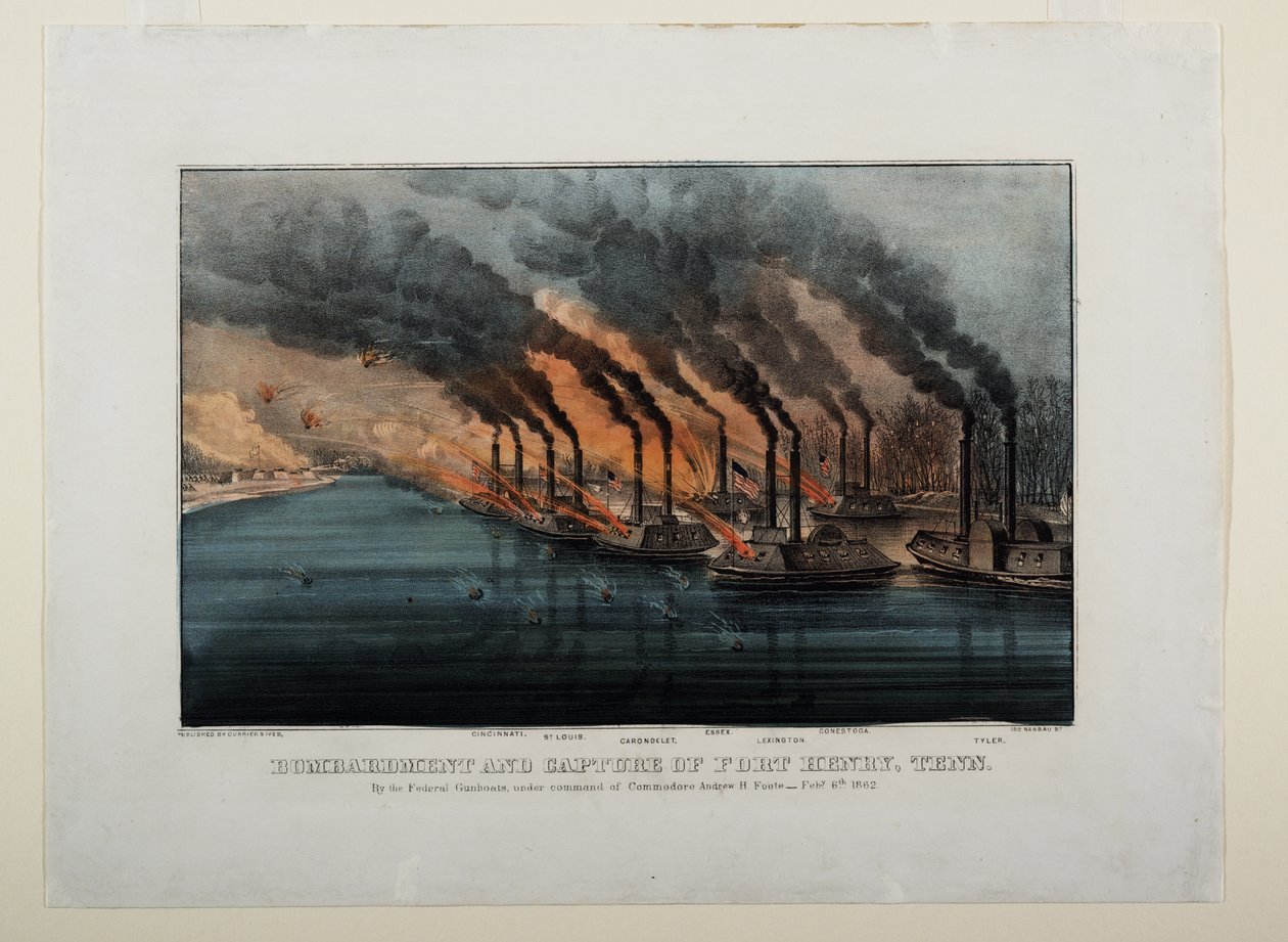Bombardeio e captura de Fort Henry, Tenn, c.1862 de N. and Ives, J.M. Currier