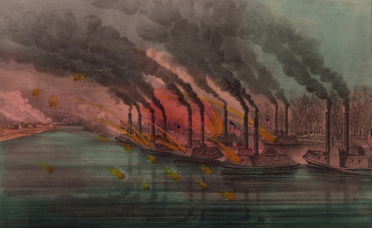 Bombardeio e captura de Fort Henry por canhoneiras federais, 1862 de N. and Ives, J.M. Currier