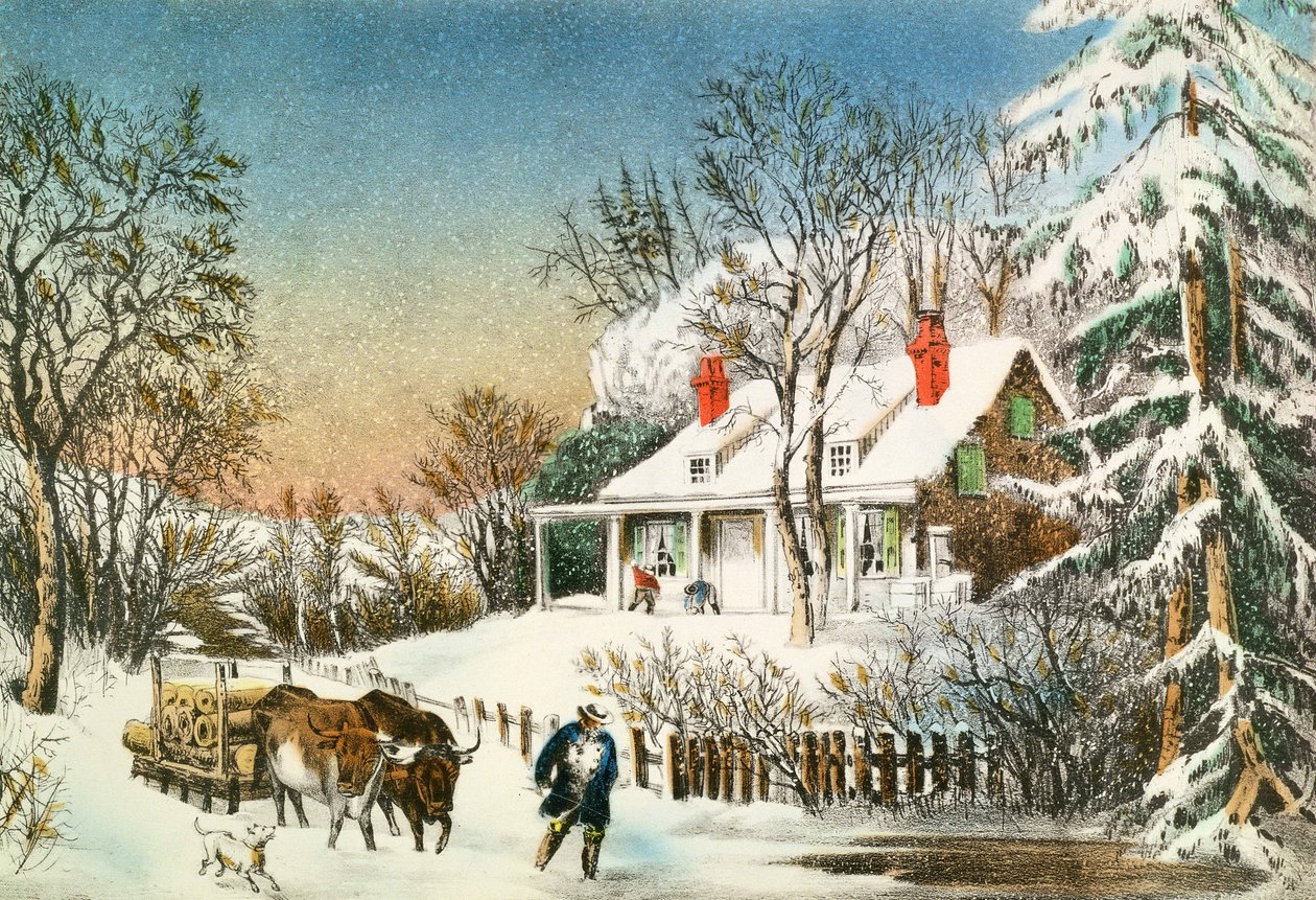 Trazer para casa os troncos, paisagem de inverno, século XIX de N. and Ives, J.M. Currier