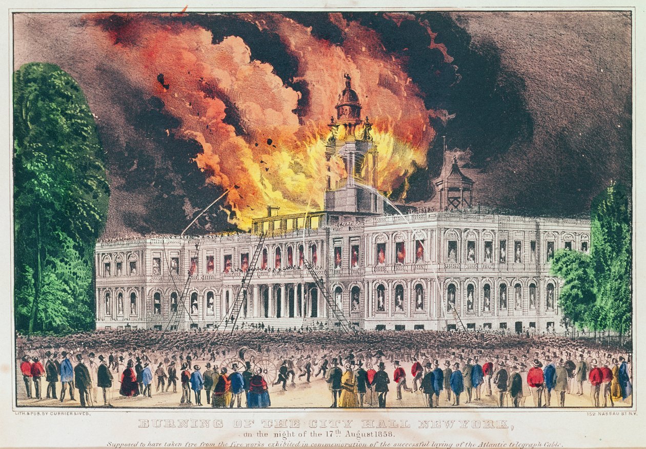 Queima da Prefeitura, Nova York, na noite de 17 de agosto de 1858 de N. and Ives, J.M. Currier