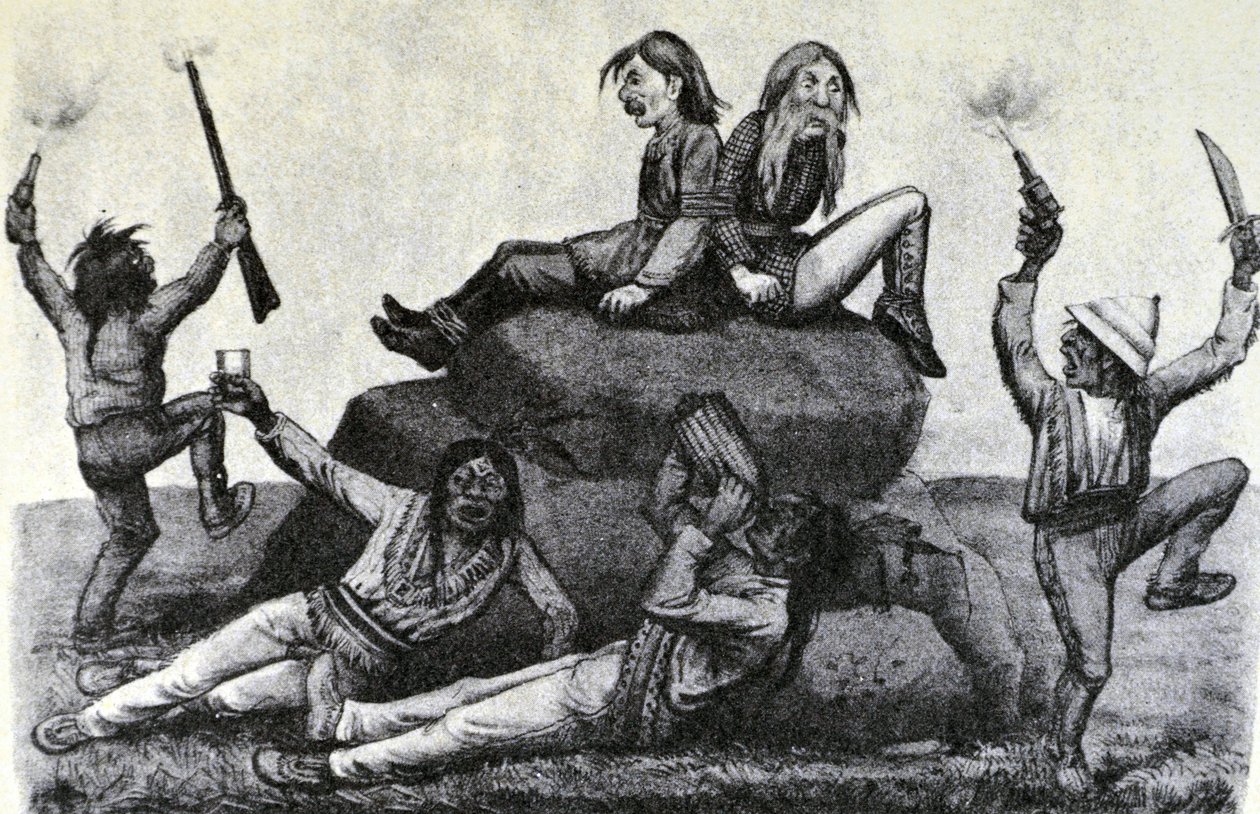 Currier & Ives Ilustração do século XIX. Um Inchamento Uivante - no Caminho da Guerra (desenho original de Thomas Worth, do qual foi feita a impressão original) de N. and Ives, J.M. Currier