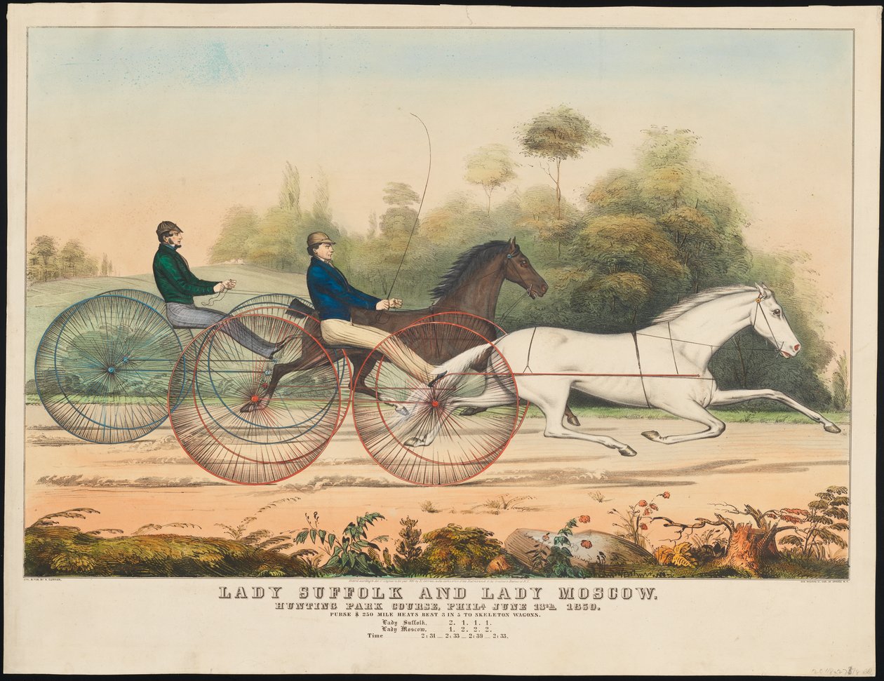 &39;Lady Suffolk&39; e &39;Lady Moscow&39;, Hunting Park Course, Filadélfia, 13 de junho de 1850 (litografia colorida à mão) de N. and Ives, J.M. Currier