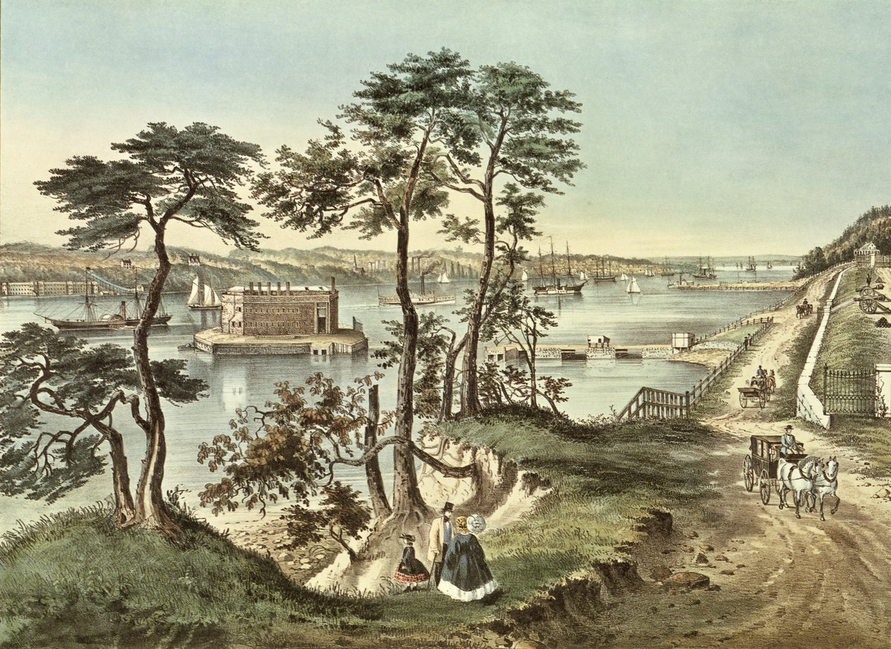 Staten Island e os estreitos de Fort Hamilton de N. and Ives, J.M. Currier