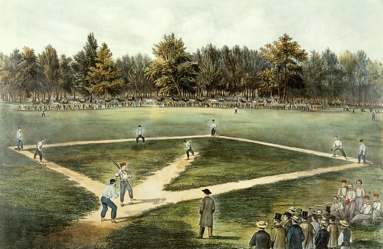 O jogo nacional americano do basebol - fósforo grande em campos de Elysian, Hoboken, NJ, 1866 (veja 32902) de N. and Ives, J.M. Currier