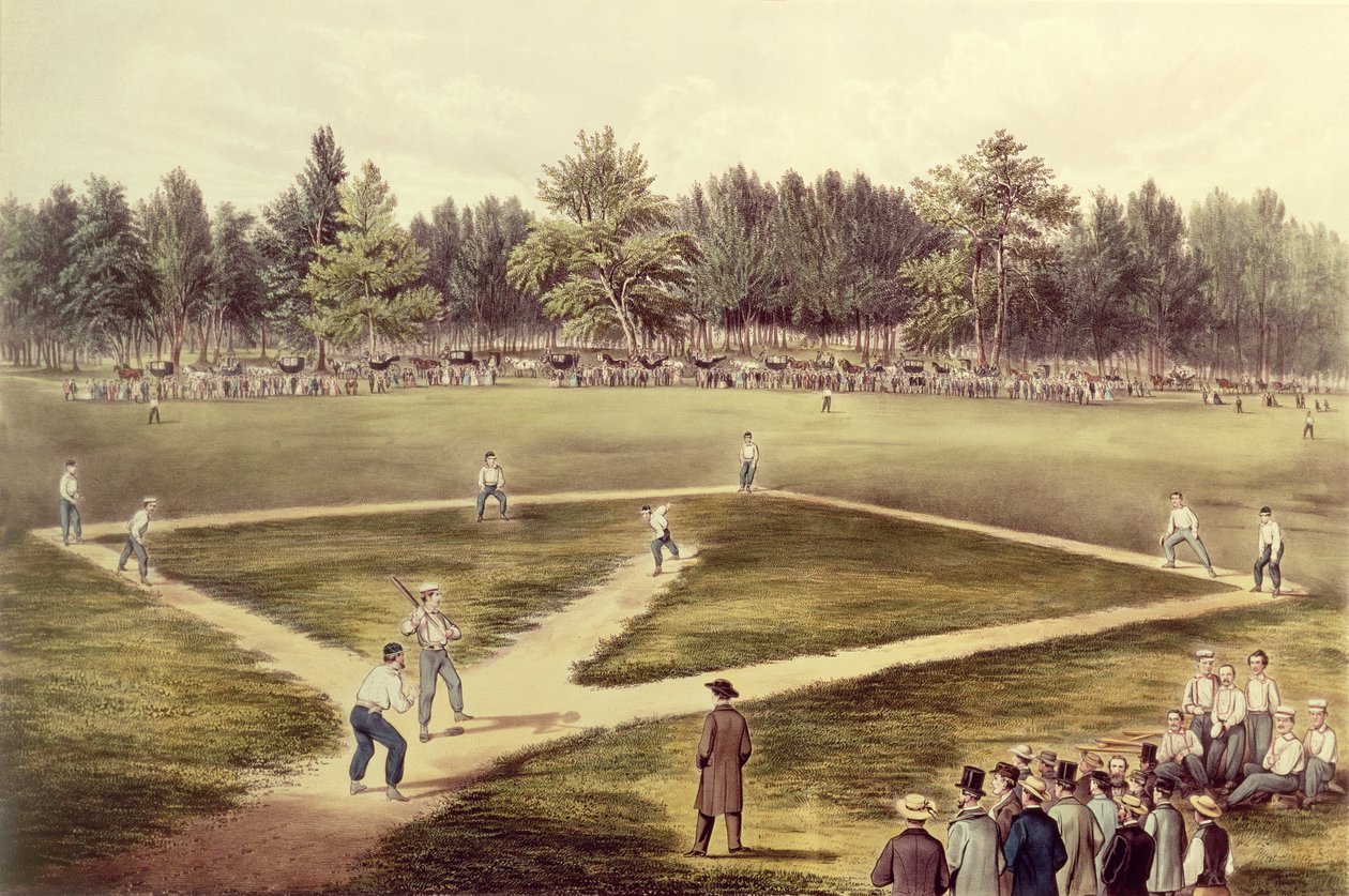 O jogo nacional americano do basebol - fósforo grande em campos de Elysian, Hoboken, NJ, 1866 (veja igualmente 159490) de N. and Ives, J.M. Currier