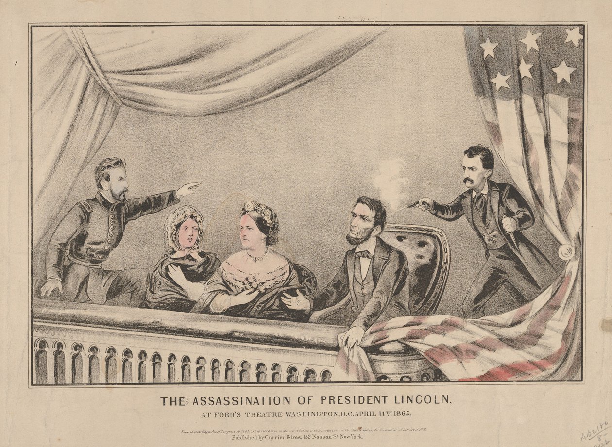 O Assassinato do Presidente Lincoln no Fords Theatre, Washington, 1865 (litografia colorida à mão) de N. and Ives, J.M. Currier