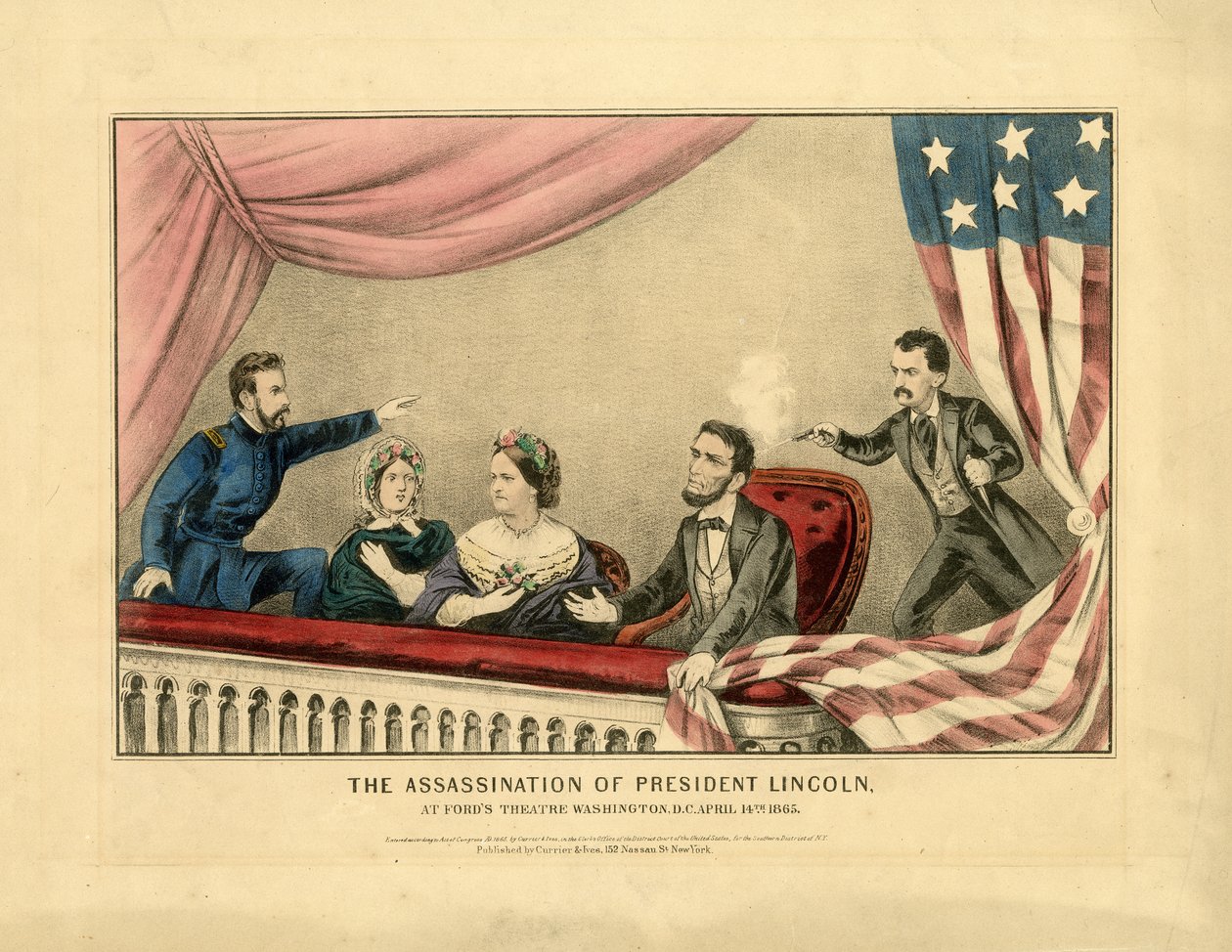 O Assassinato do Presidente Lincoln, no Ford&39;s Theater, Washington, DC 14 de abril de 1865, 1865 de N. and Ives, J.M. Currier