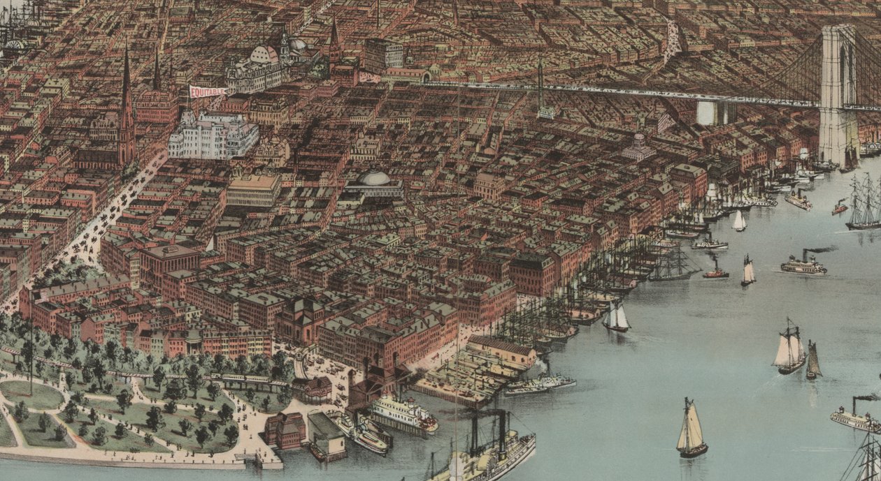 A cidade de Nova York (detalhe), 1883 de N. and Ives, J.M. Currier