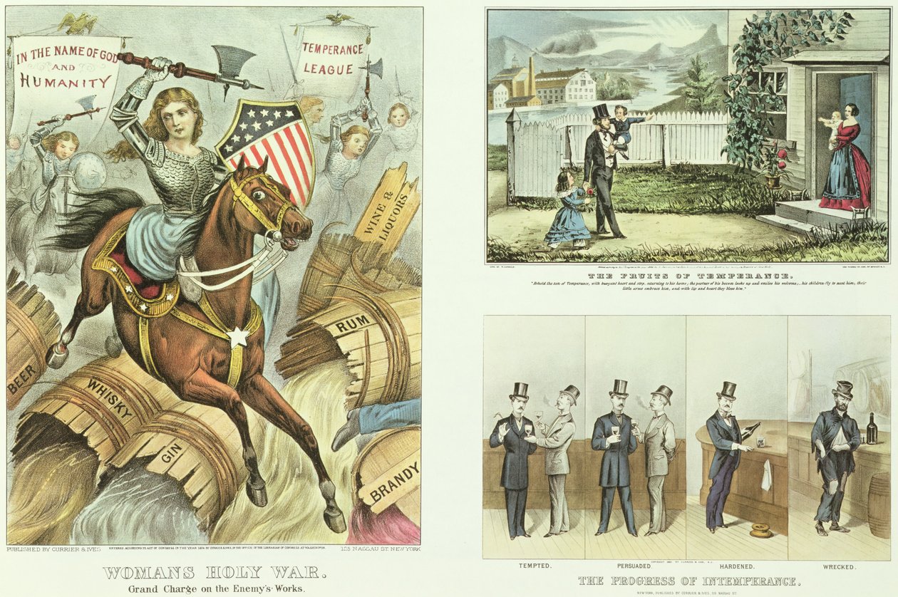 Os frutos da temperança, o progresso da intemperança e a guerra santa da mulher de N. and Ives, J.M. Currier