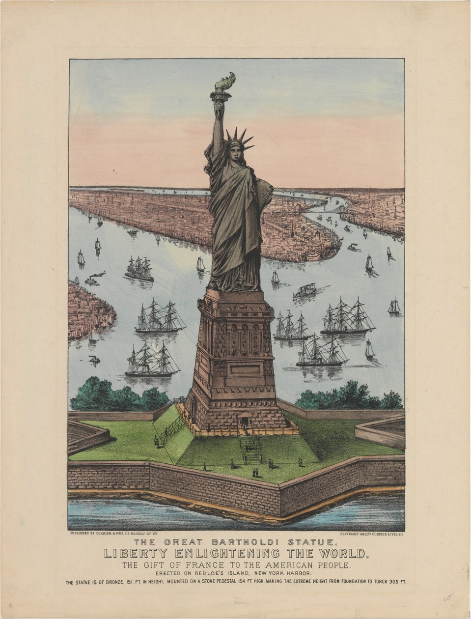 A Grande Estátua de Bartholdi - Liberdade Iluminando o Mundo, 1885 (litografia colorida à mão) de N. and Ives, J.M. Currier