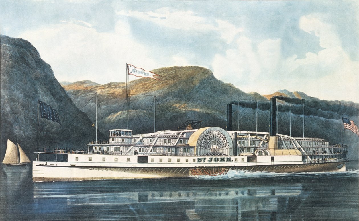 O barco a vapor do Rio Hudson `St. John &39;, publicado em 1864 de N. and Ives, J.M. Currier