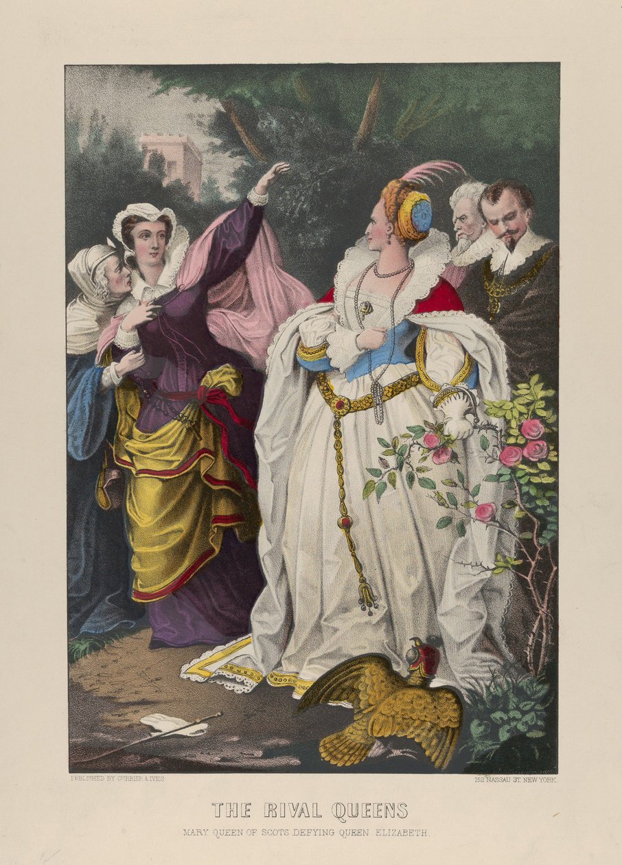 As Rainhas Rivais, Mary Queen of Scots Desafiando a Rainha Elizabeth, 1857-72 (Litografia Colorida à Mão) de N. and Ives, J.M. Currier