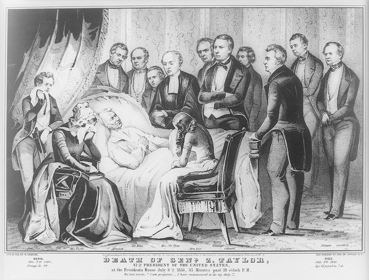 Zachary Taylor em seu leito de morte na Casa Branca, 1850 de N. and Ives, J.M. Currier