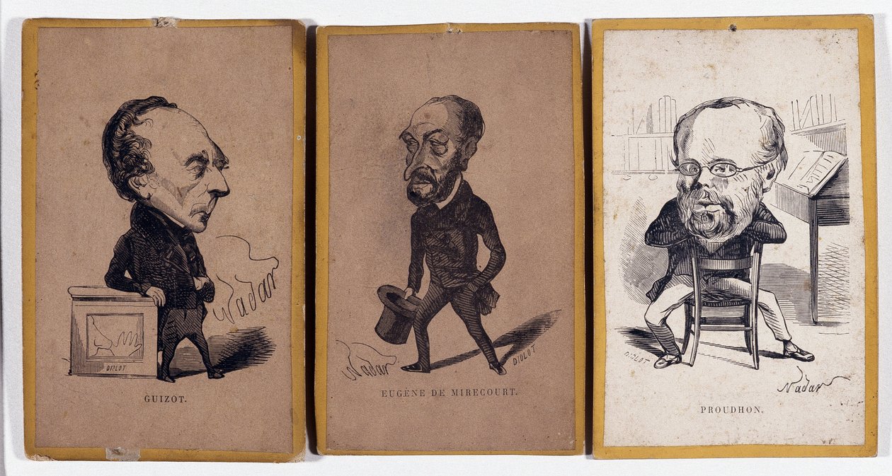 3 Retratos - carga (carga de retrato): Francois Pierre Guillaume Guizot (1787-1874), historiador e político francês, Charles Jean-Baptiste (Jean Baptiste) Jacquot dit Eugene de Mirecourt (1812-1880), jornalista e escritor francês, e Pierre-Joseph Proudhon de Nadar