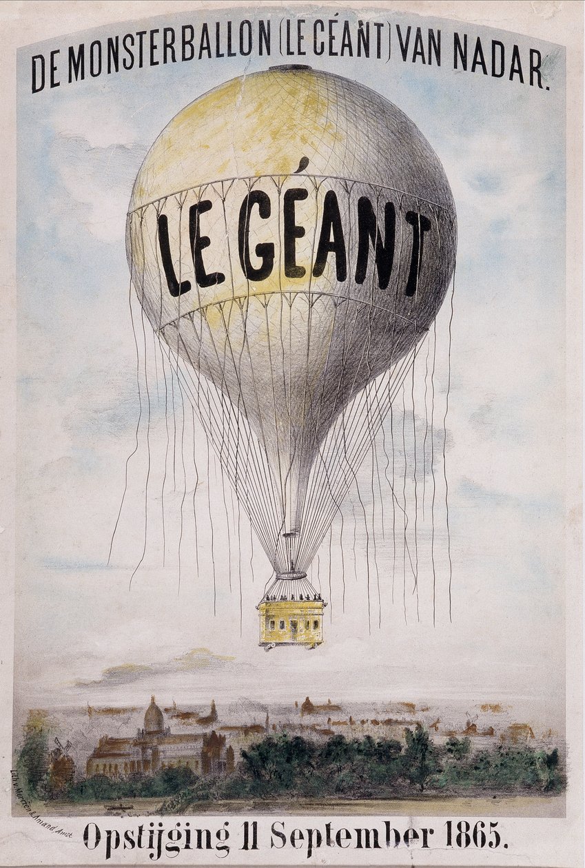 De Monsterballon (Le Giant) van Nadar Opstijging 11 de Setembro de 1865. Anúncio holandês para o desenrolar da bola "The Giant" em 11 de setembro de 1865 de Nadar