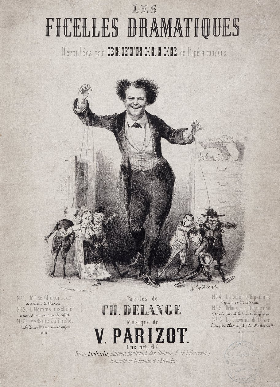 Retrato de Jean Berthelier (1830-1888) segurando os filhos de bonecos. Álbum "Les Ficelles Dramatiques deroulees de Berthelier de l